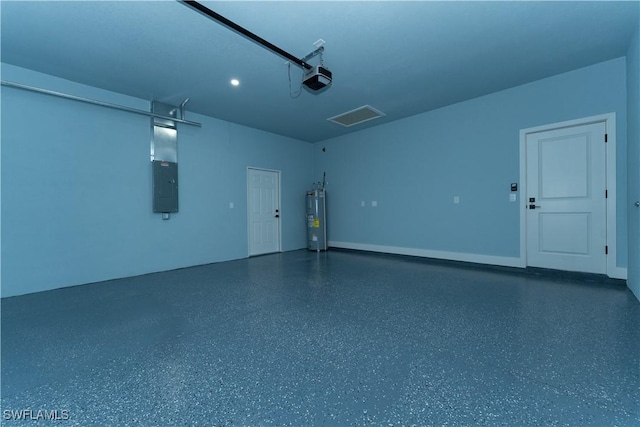5308 4th St W, Lehigh Acres, FL 33971 - garage featuring water heater, electric panel, a garage door opener, and recessed lighting