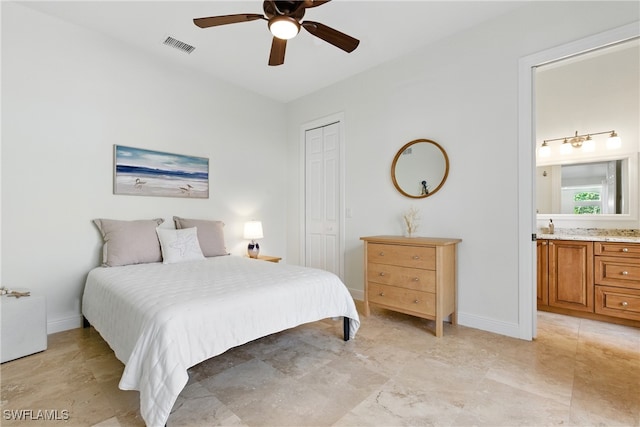 27549 Riverbank Dr, Bonita Springs, FL 34134 - bedroom featuring visible vents, baseboards, a closet, ceiling fan, and connected bathroom