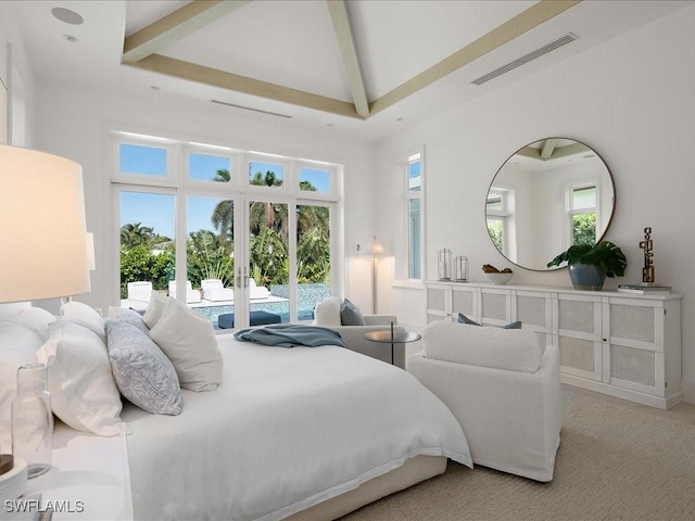 619 Binnacle Dr, Naples, FL 34103 - bedroom featuring visible vents, high vaulted ceiling, beam ceiling, and access to outside