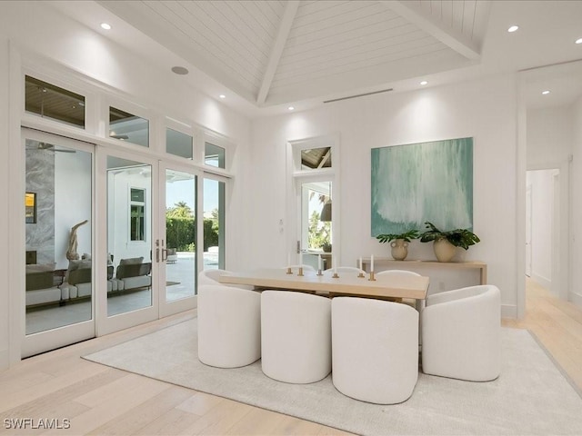 619 Binnacle Dr, Naples, FL 34103 - dining area with wood ceiling, high vaulted ceiling, recessed lighting, and wood finished floors