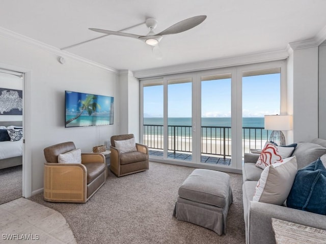 140 Seaview Ct Unit 1703N, Marco Island, FL 34145 - living room with ornamental molding, carpet flooring, and ceiling fan