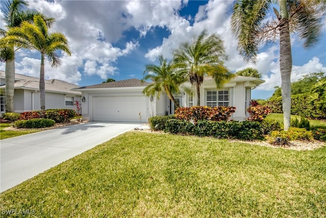 view of front of property featuring a front lawn, an attached garage, concrete driveway, and stucco siding
