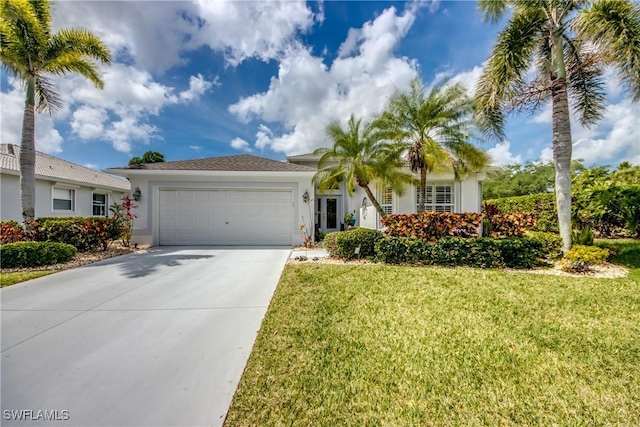 ranch-style home with stucco siding, driveway, a front yard, and a garage