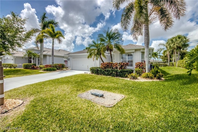 ranch-style house featuring an attached garage, driveway, a front lawn, and stucco siding