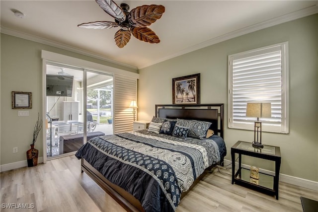 bedroom with wood finished floors, access to exterior, and crown molding