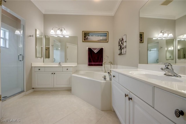bathroom with a bath, a sink, visible vents, tile patterned flooring, and a shower stall