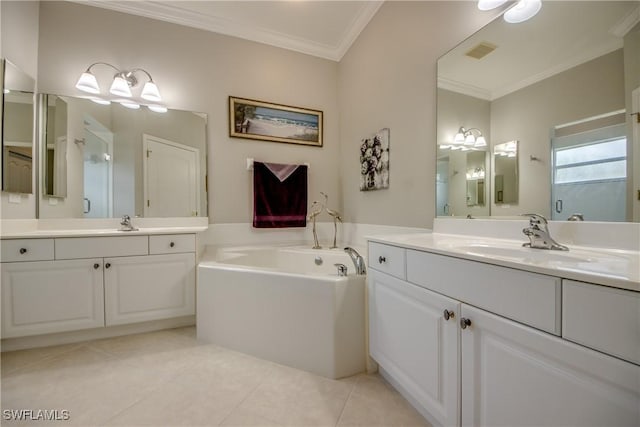 full bathroom featuring a garden tub, crown molding, a sink, tile patterned floors, and visible vents