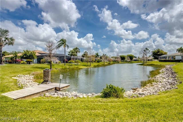 view of water feature with a dock