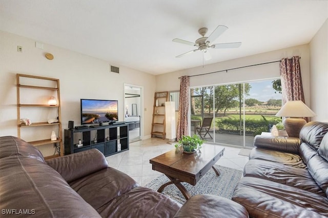 6025 Chardonnay Ln Unit 103, Naples, FL 34119 - living room with light tile patterned floors, baseboards, visible vents, and ceiling fan
