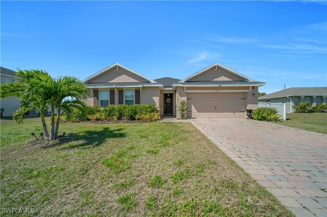 ranch-style house with a garage, stucco siding, a front lawn, and decorative driveway