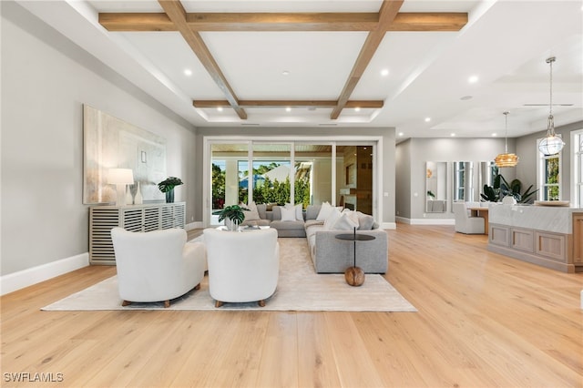 1179 Broad Ave N, Naples, FL 34102 - living area with baseboards, coffered ceiling, light wood-style floors, beamed ceiling, and recessed lighting
