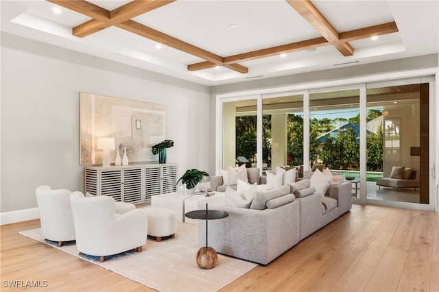 1179 Broad Ave N, Naples, FL 34102 - living room featuring coffered ceiling, wood finished floors, beam ceiling, baseboards, and recessed lighting