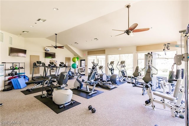 270 Naples Cove Dr Unit 3205, Naples, FL 34110 - exercise room featuring vaulted ceiling, a ceiling fan, and visible vents