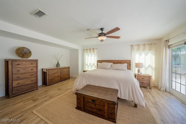 bedroom featuring ceiling fan, light wood finished floors, and visible vents