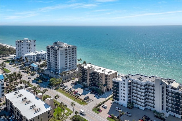 birds eye view of property with a water view and a view of city