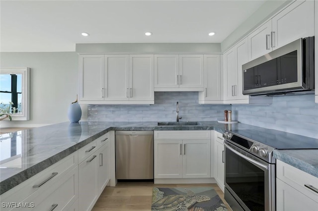 kitchen with a sink, white cabinets, decorative backsplash, and appliances with stainless steel finishes