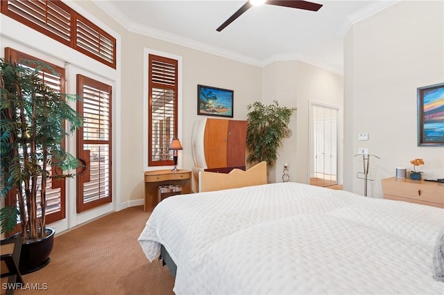 933 Barcarmil Way, Naples, FL 34110 - bedroom featuring access to outside, ceiling fan, ornamental molding, and carpet floors