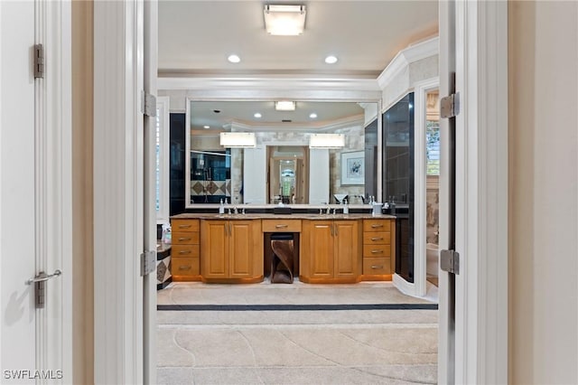 933 Barcarmil Way, Naples, FL 34110 - bathroom with a sink, a shower, crown molding, recessed lighting, and double vanity