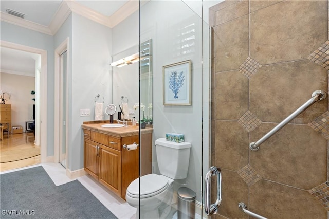 933 Barcarmil Way, Naples, FL 34110 - bathroom featuring vanity, ornamental molding, toilet, visible vents, and a tile shower