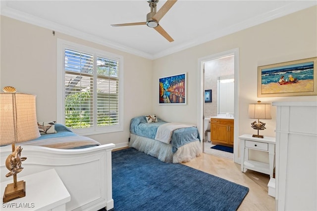 933 Barcarmil Way, Naples, FL 34110 - bedroom with crown molding, baseboards, a ceiling fan, and connected bathroom