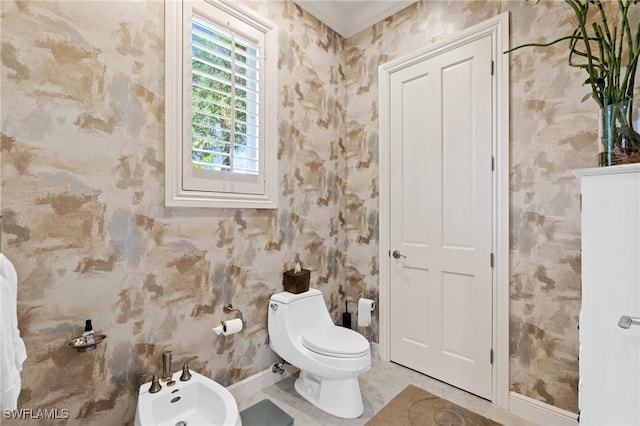 933 Barcarmil Way, Naples, FL 34110 - half bathroom with a bidet, baseboards, wallpapered walls, crown molding, and toilet