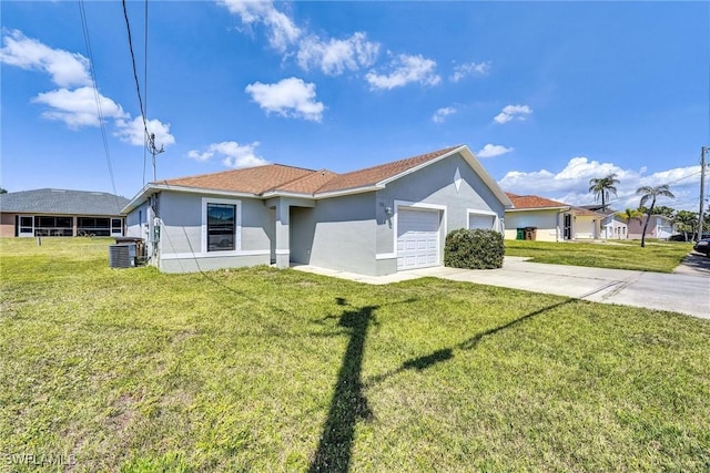 view of front of home featuring cooling unit, driveway, stucco siding, and an attached garage