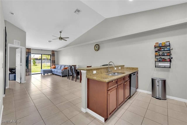 kitchen with visible vents, a sink, dishwashing machine, and a ceiling fan