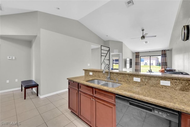 kitchen with visible vents, ceiling fan, black dishwasher, a sink, and vaulted ceiling