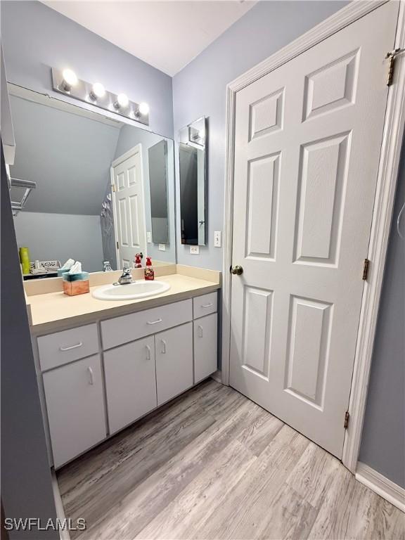 bathroom with wood finished floors and vanity