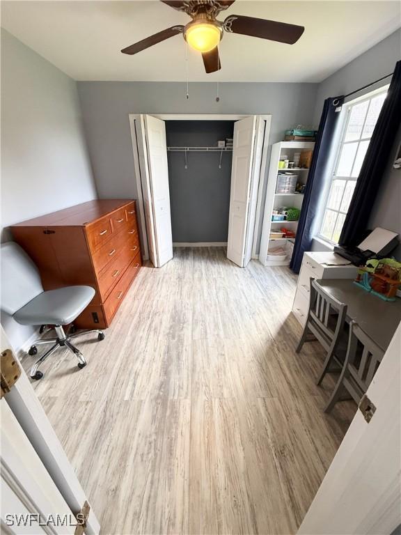 home office featuring a ceiling fan and light wood-style flooring
