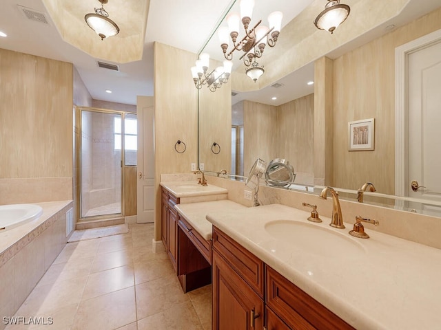 full bathroom with a bath, visible vents, a shower stall, and tile patterned floors