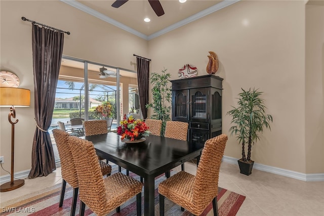 6806 Bent Grass Dr, Naples, FL 34113 - dining area with light tile patterned floors, ceiling fan, and crown molding