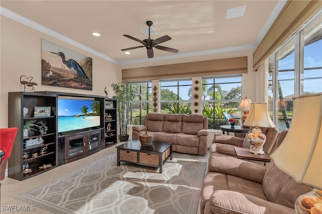 6806 Bent Grass Dr, Naples, FL 34113 - living area with visible vents, crown molding, ceiling fan, tile patterned floors, and recessed lighting