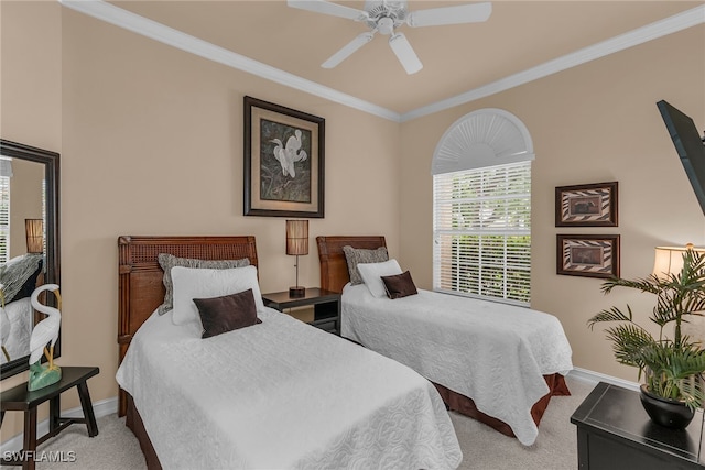 6806 Bent Grass Dr, Naples, FL 34113 - bedroom featuring baseboards, a ceiling fan, crown molding, and light carpet
