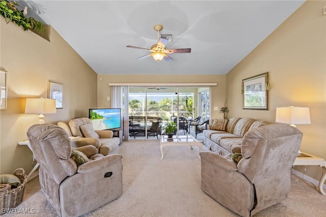 924 NE 11th Ave, Cape Coral, FL 33909 - carpeted living room featuring high vaulted ceiling, baseboards, ceiling fan, and visible vents