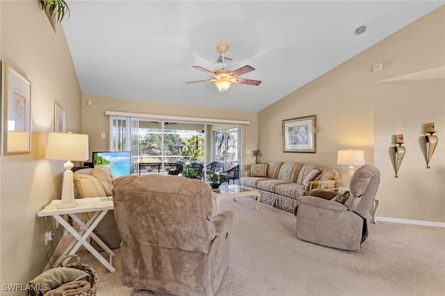 924 NE 11th Ave, Cape Coral, FL 33909 - carpeted living room with baseboards, lofted ceiling, and a ceiling fan