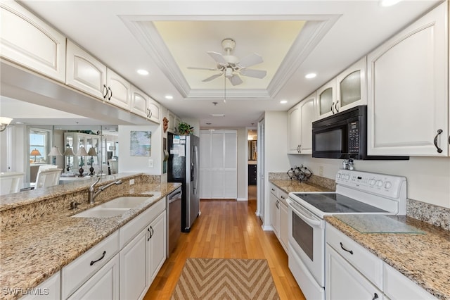 6361 Pelican Bay Blvd Unit 605, Naples, FL 34108 - kitchen with appliances with stainless steel finishes, light wood-style flooring, a raised ceiling, a sink, and ceiling fan
