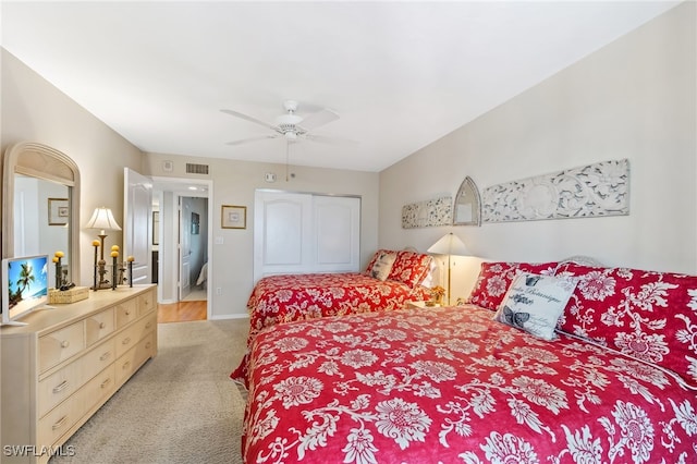 6361 Pelican Bay Blvd Unit 605, Naples, FL 34108 - bedroom featuring visible vents, ceiling fan, light colored carpet, and baseboards