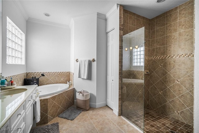 full bath with a wealth of natural light, a bath, ornamental molding, and a stall shower