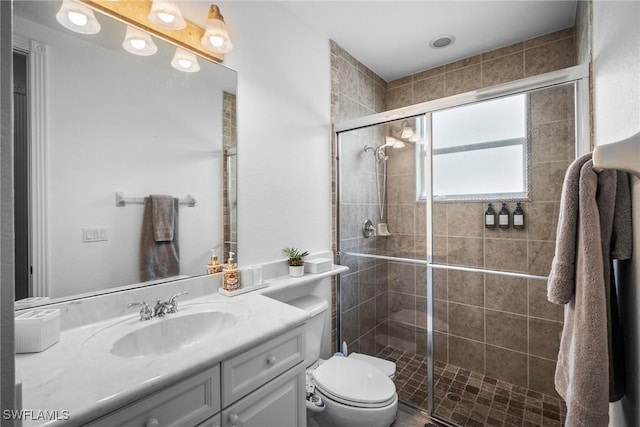 bathroom with a shower stall, vanity, and toilet