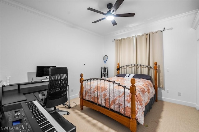 bedroom with carpet, baseboards, crown molding, and ceiling fan