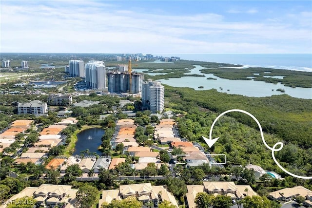 aerial view with a city view and a water view