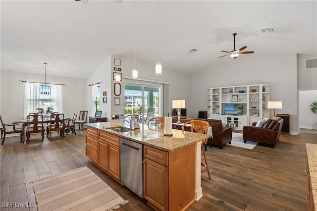 14190 Binghampton Dr, Fort Myers, FL 33905 - kitchen with dishwasher, lofted ceiling, dark wood-style floors, a ceiling fan, and light stone countertops