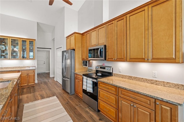 14190 Binghampton Dr, Fort Myers, FL 33905 - kitchen with appliances with stainless steel finishes, a towering ceiling, a ceiling fan, brown cabinetry, and dark wood-style flooring