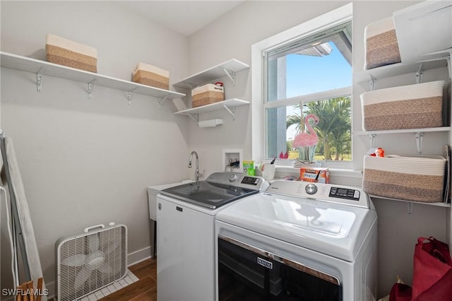 14190 Binghampton Dr, Fort Myers, FL 33905 - laundry area featuring washer and clothes dryer and dark wood finished floors