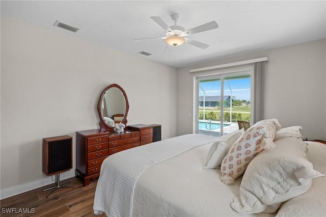 14190 Binghampton Dr, Fort Myers, FL 33905 - bedroom featuring access to exterior, dark wood-type flooring, and ceiling fan
