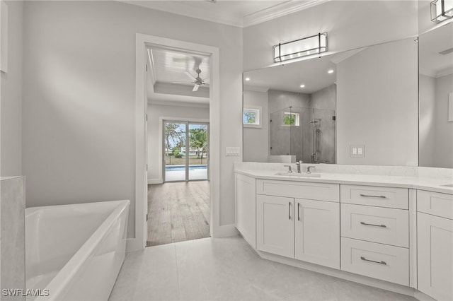1136 Trail Terrace Dr, Naples, FL 34103 - bathroom featuring a shower stall, crown molding, a sink, and a ceiling fan