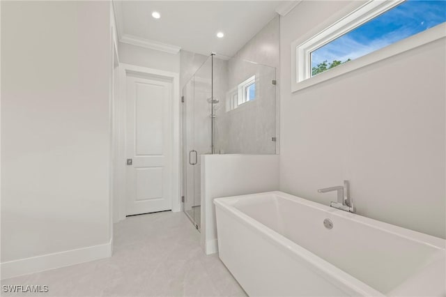 1136 Trail Terrace Dr, Naples, FL 34103 - full bathroom with a shower stall, baseboards, a freestanding bath, ornamental molding, and recessed lighting