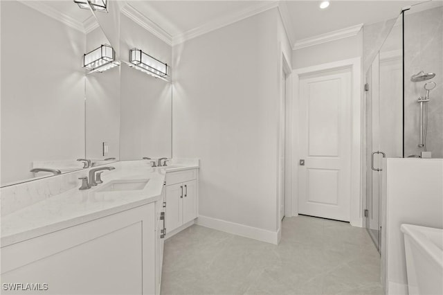 1136 Trail Terrace Dr, Naples, FL 34103 - full bathroom featuring a stall shower, double vanity, crown molding, and a sink