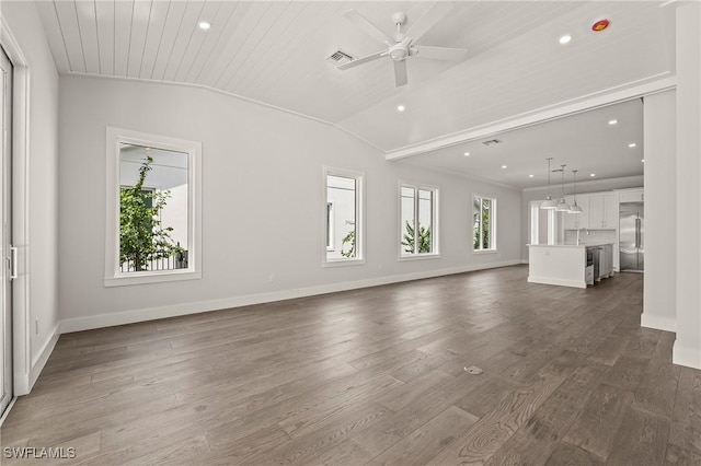1136 Trail Terrace Dr, Naples, FL 34103 - unfurnished living room featuring lofted ceiling, baseboards, dark wood-style floors, ceiling fan, and visible vents